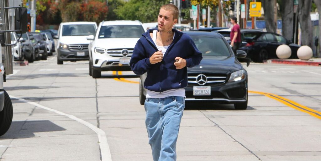 Justin Bieber Ran Through the Streets of LA in Baggy Blue Jeans