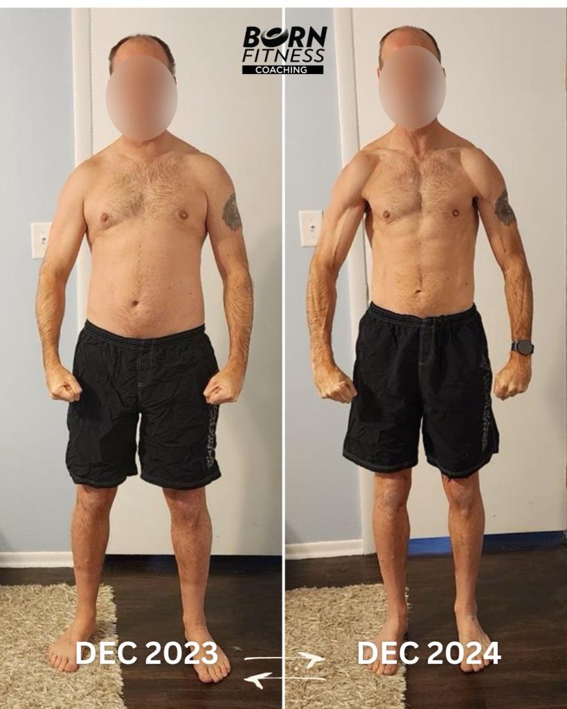 Anthony’s transformation after 12 months of sustainable fat loss and strength training at 53