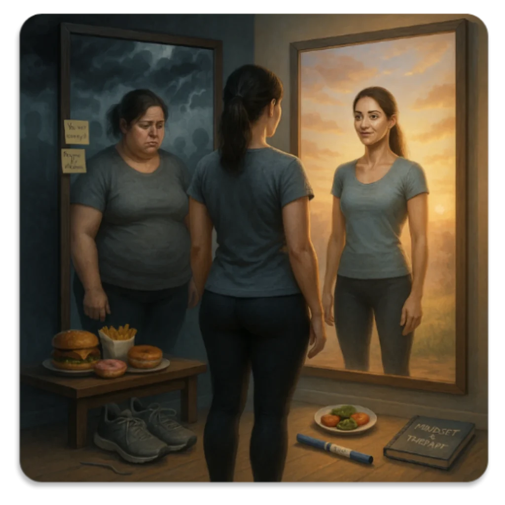 A woman stands barefoot in a softly lit bedroom at dawn, gazing into a full-length mirror. Her current reflection shows her past self at a higher weight, sitting on a bed surrounded by emotional clutter. The woman’s present self looks calm and accepting, with one hand over her heart. Around the room are personal items like a journal, sneakers, a therapy workbook, and a medication pen. Affirmation notes and morning light hint at healing, resilience, and a long mental and emotional journey with weight loss.