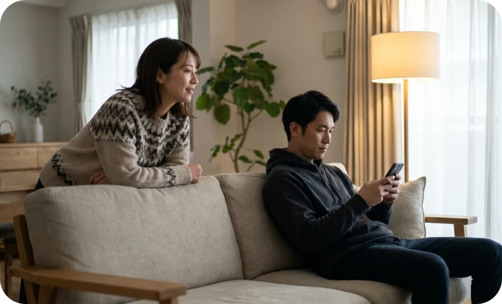 Asian woman leans on sofa, looking right, while Asian man sits next to her, focused on smartphone in a bright living room, concerned about her partner’s potential