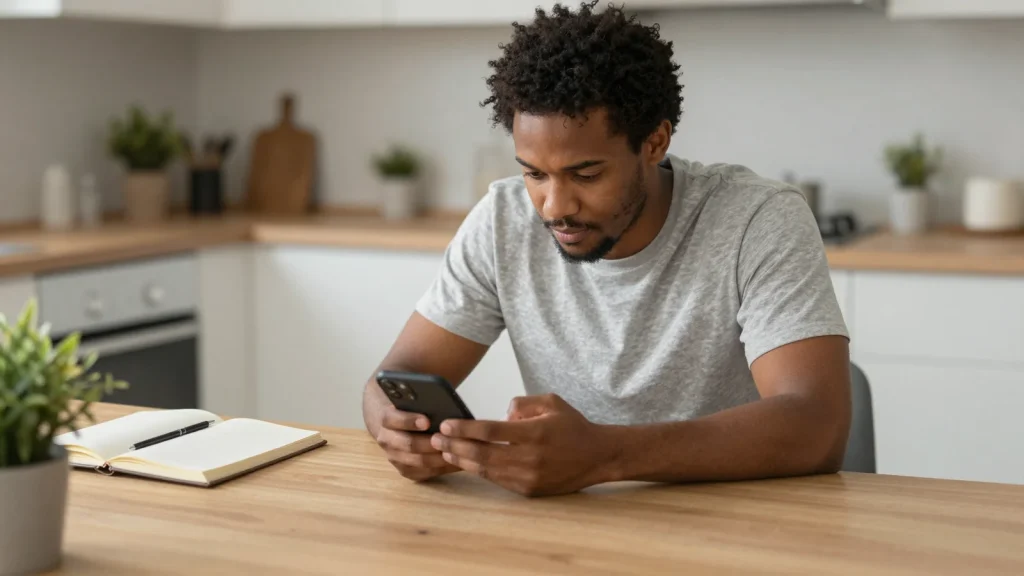 Person looking at a phone beside a journal, representing social media nervous system stress
