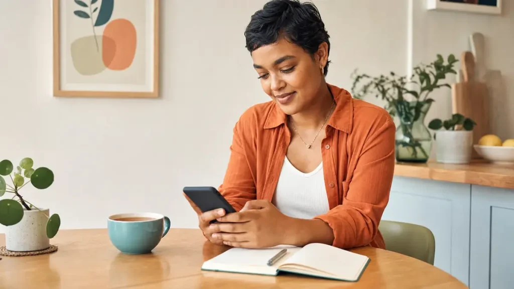 Person reflecting with a phone and journal, representing emotional habits supported by Moodfit and therapy