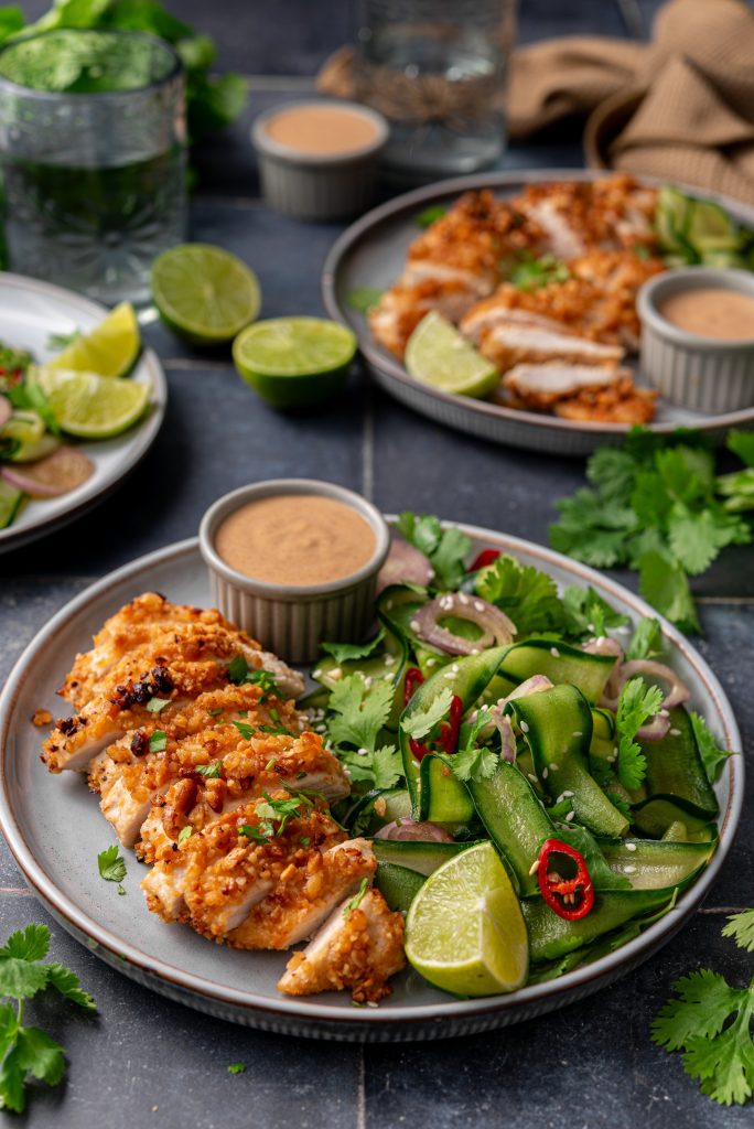 Crispy peanut chicken with Thai cucumber salad