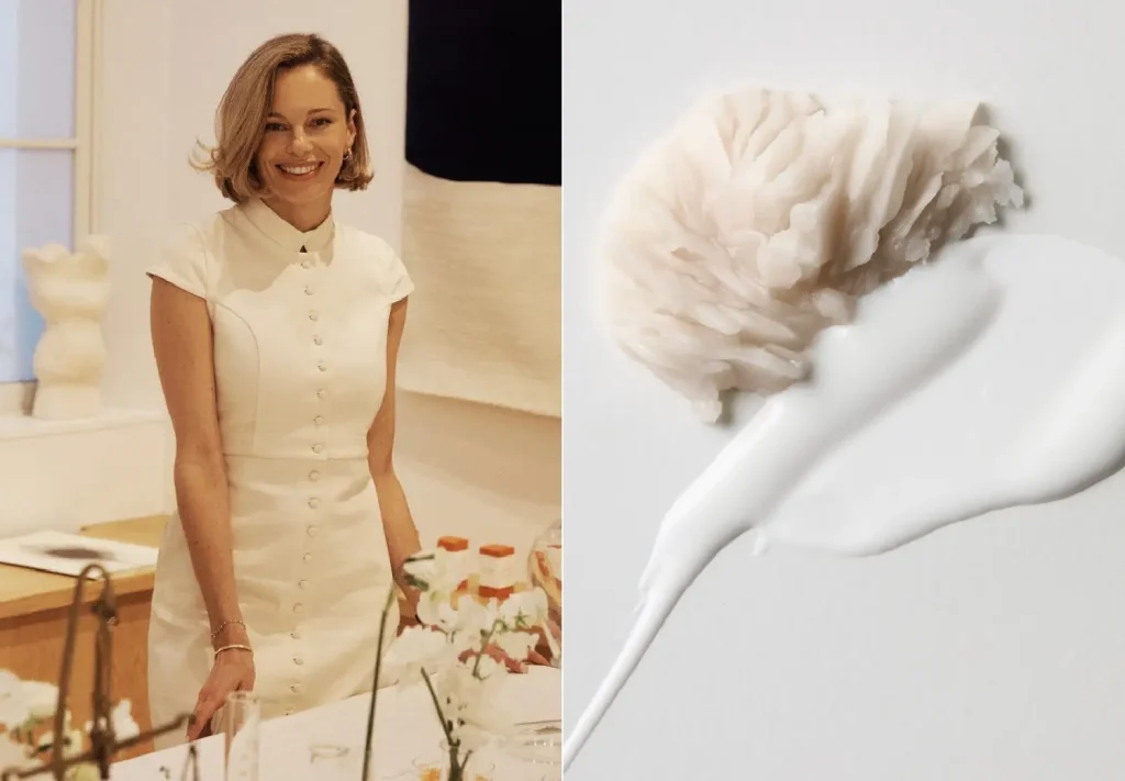French pharmacist Natacha Bonjout alongside a swatch of rich skincare cream